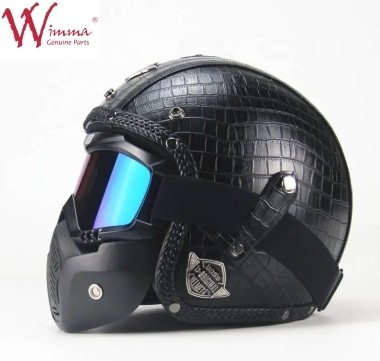 capacete de motocicleta de rosto completo imitação de pele de crocodilo retro com óculos removíveis