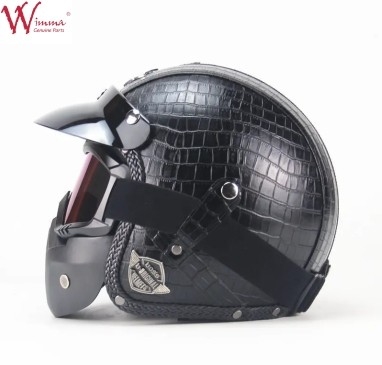 capacete de motocicleta de rosto completo imitação de pele de crocodilo retro com óculos removíveis