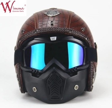 capacete de motocicleta de rosto completo imitação de pele de crocodilo retro com óculos removíveis