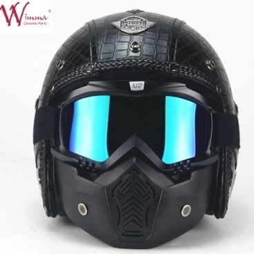 capacete de motocicleta de rosto completo imitação de pele de crocodilo retro com óculos removíveis